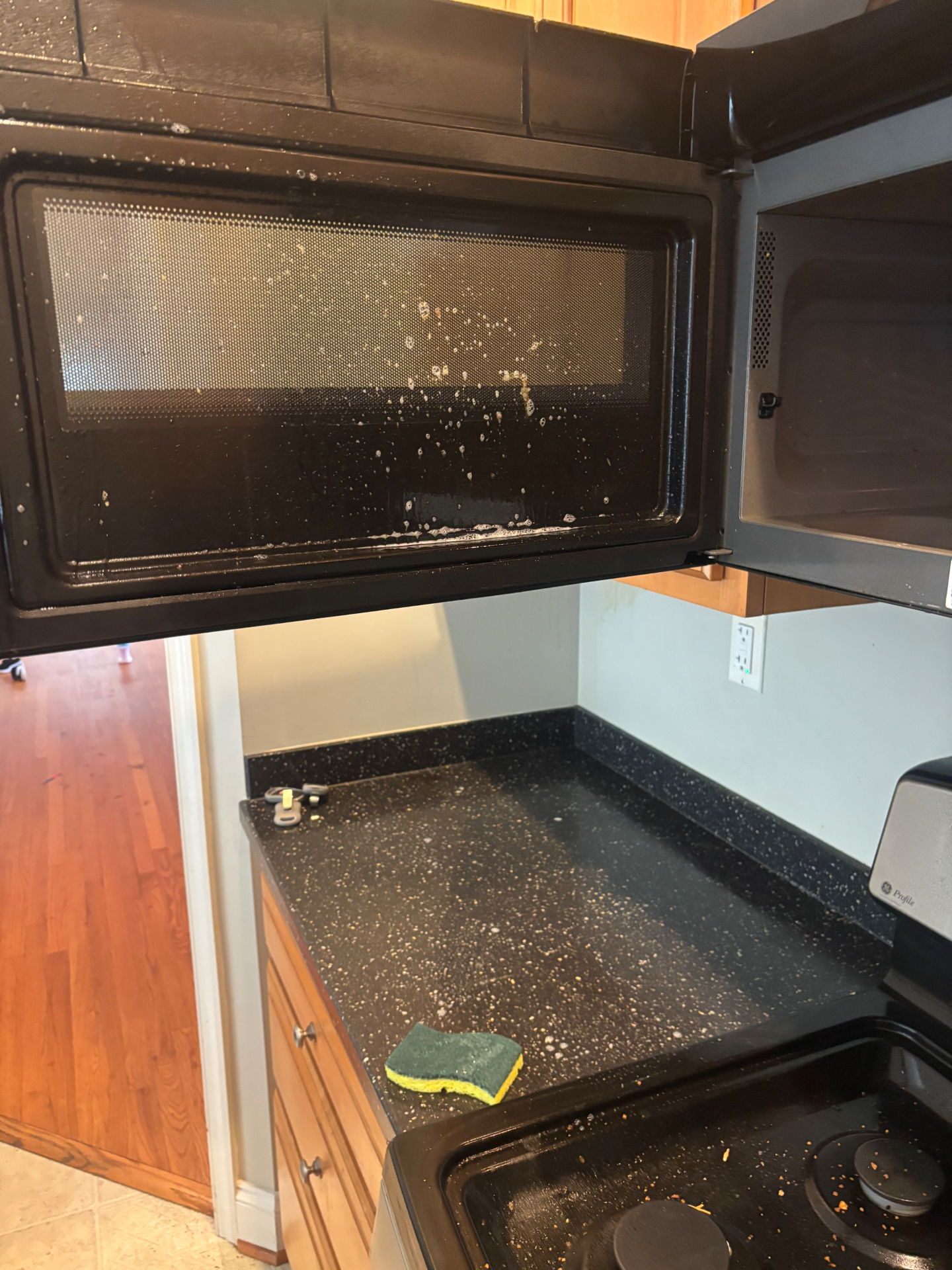 Microwave interior + counter before cleaning by Haylo Upscale Solutions